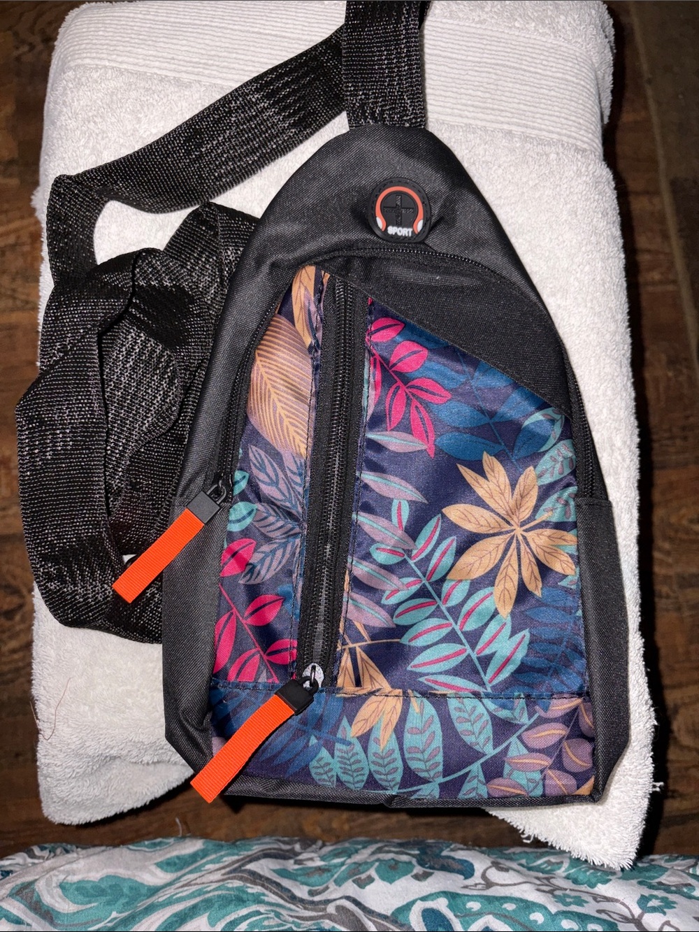Sporto Black Sling Bag with Multicolor Floral Leaf Print